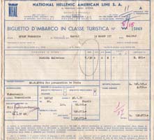 Travel document reading National Hellenic American Line.