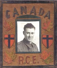 Portrait of young Clarence, framed in bright colors with patches and the words Canada and RCE.