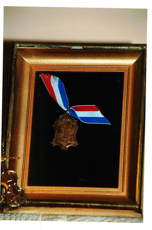 A gold medal in the shape of violins is in a frame, with a red, white and blue ribbon attached.