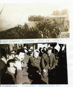 Top photographs of a crowd of people on the deck of a boat, in anticipation of mooring.