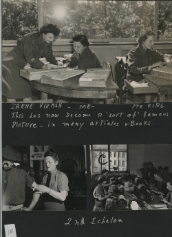 Collage of photographs showing several women working in various office tasks. 