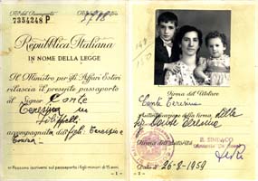 Italian passport photo page showing woman with small boy and baby girl.