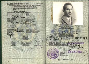 Old Italian passport open to photo page of Emilio Di Giuseppe.