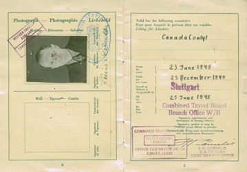 Old yellowed temporary travel document used by Janis.