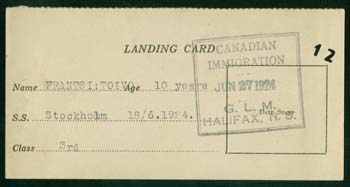 Landing card of Toivo, with a stamp reading Canadian Immigration Halifax.