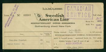 Billet de voyage de Toivo, les mots Swedish American Line dessus. 