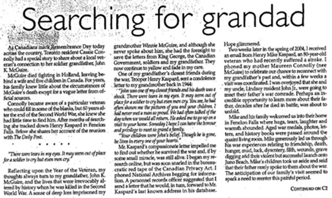Newspaper clipping with title Searching for grandad.