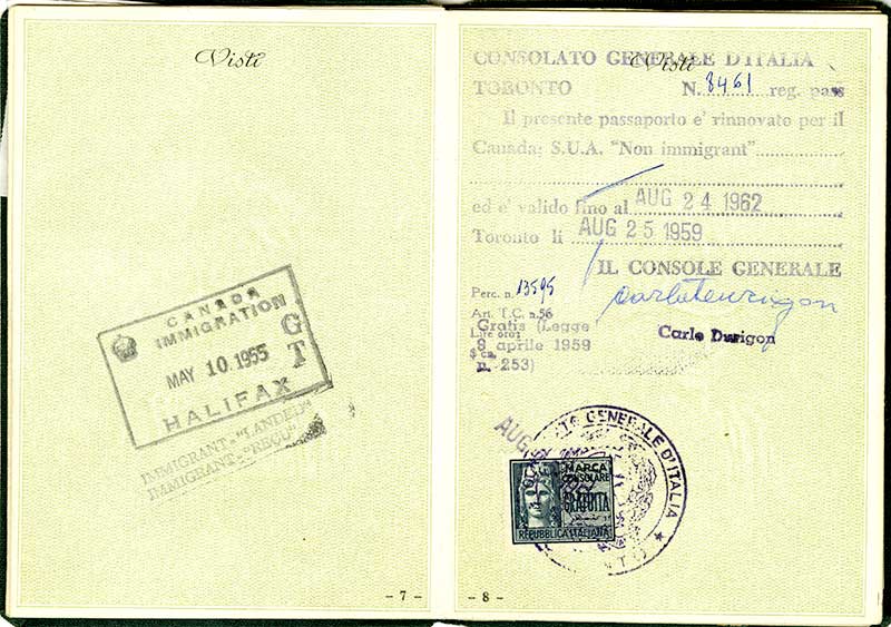 Passport page opened to show a Canadian Immigration stamp with the date May 10, 1955.