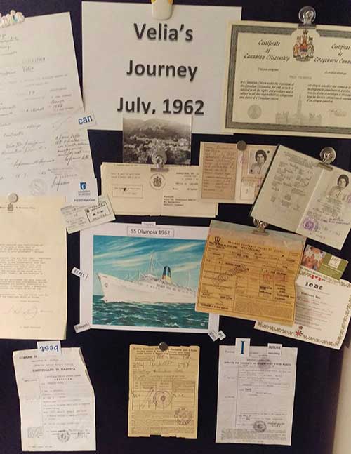 Several old documents, postcards and photos are pinned to a bulletin board with the title Velia's Journey 1962