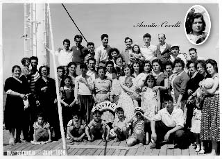Large group of people posing on deck of ship, oval insert with Annita's face.