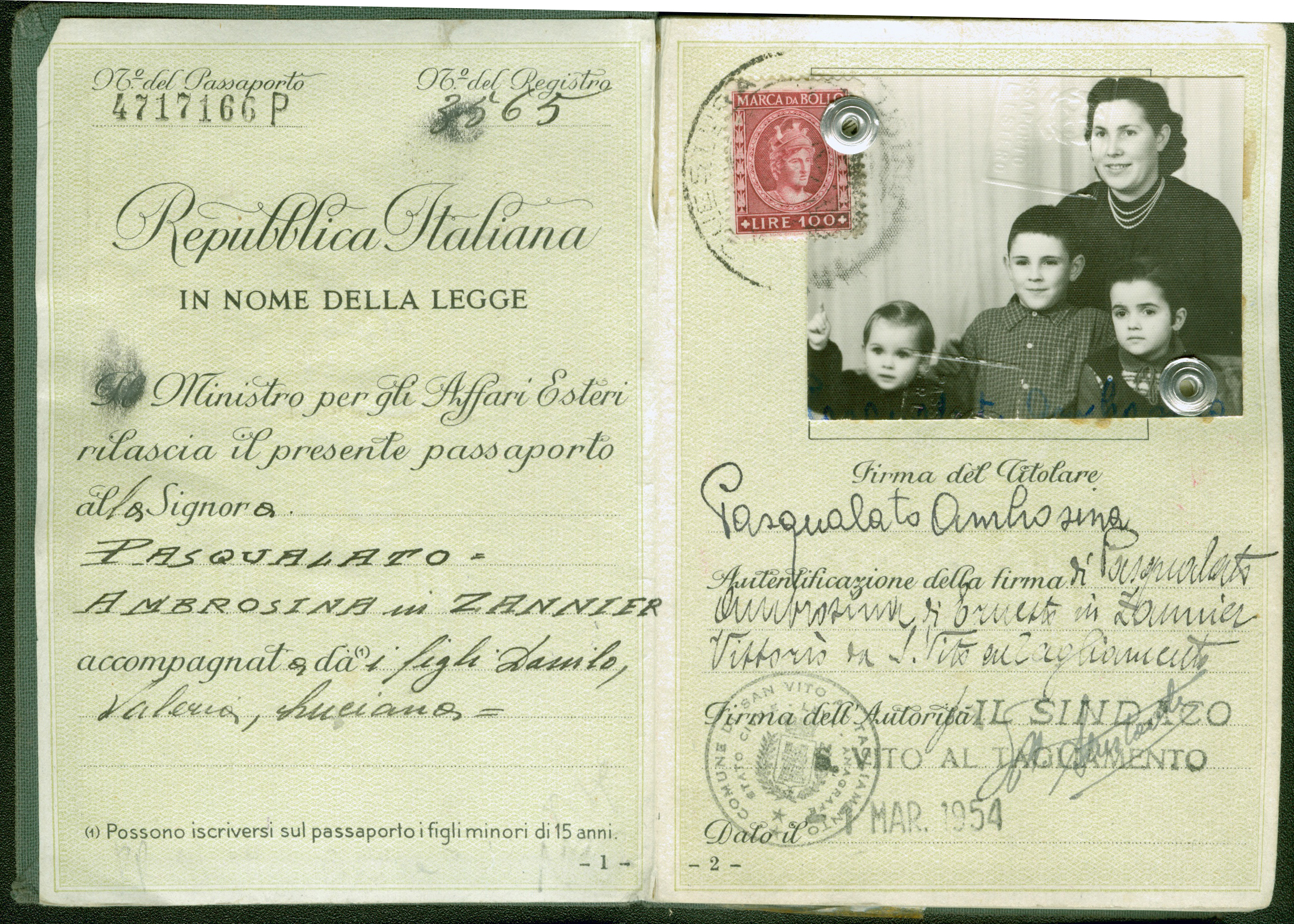Photo page of old Italian passport with picture of Ambrosina and children.