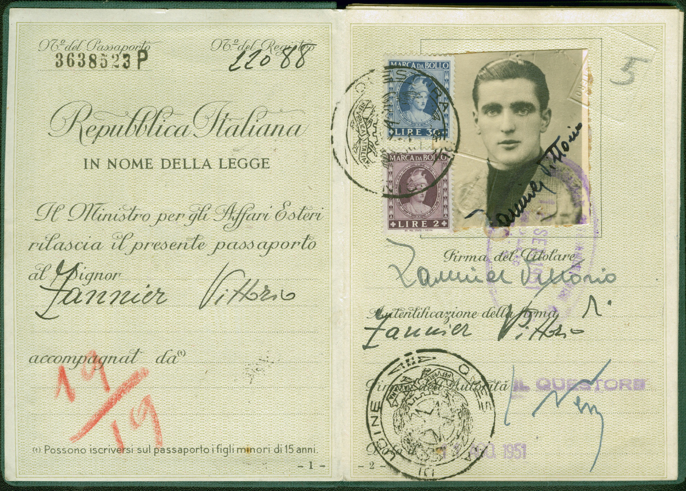 Photo page of old Italian passport with picture of Vittorio.