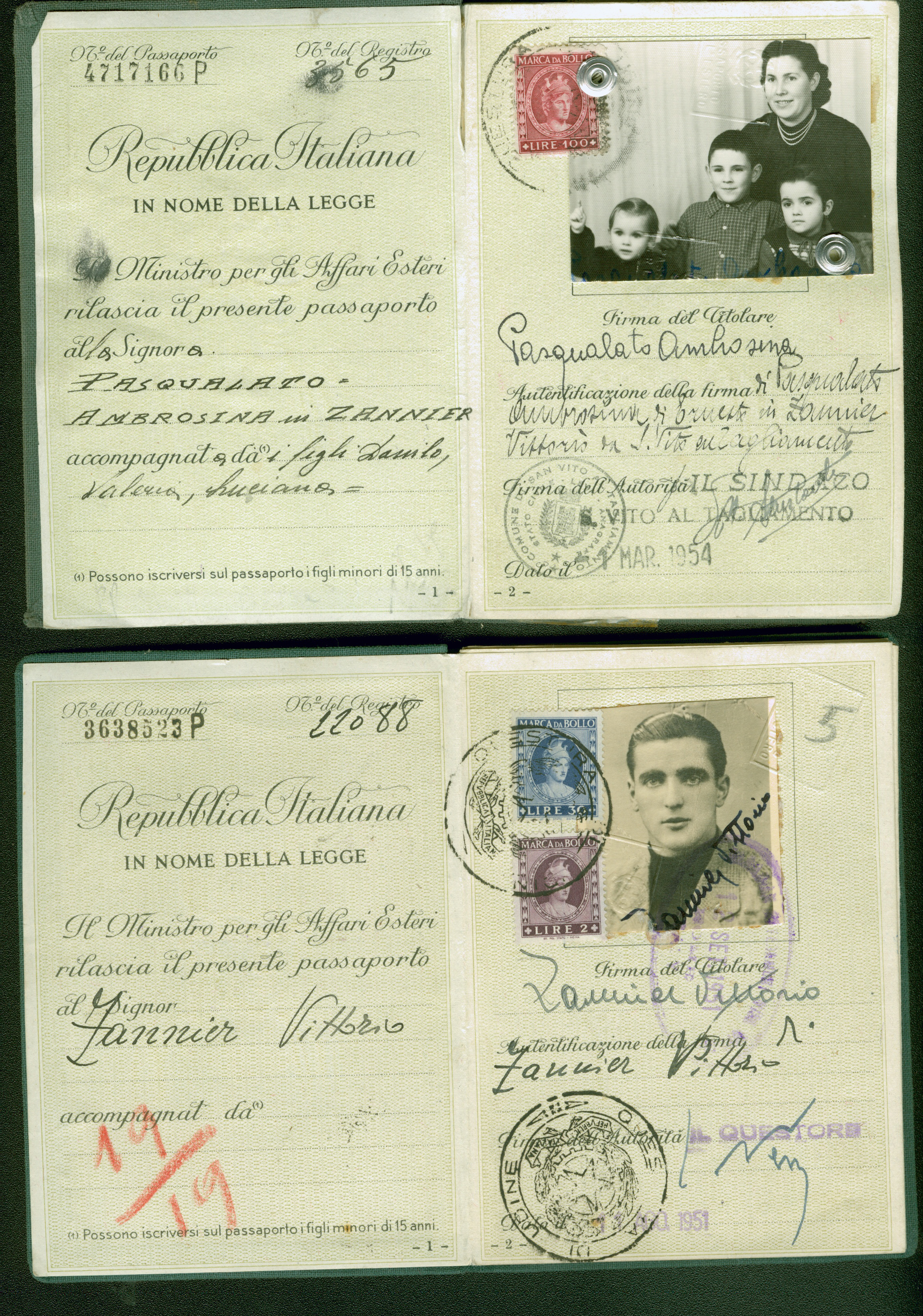 Photo page of two old, Italian passports.