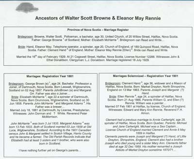 Document reading Ancestors of Walter Scott Browne & Eleanor May Rennie.