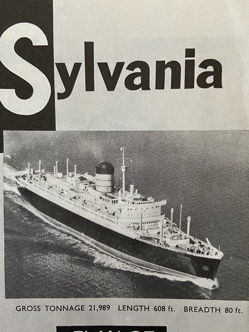 Postcard of the Sylvania listing gross tonnage, length and breadth.