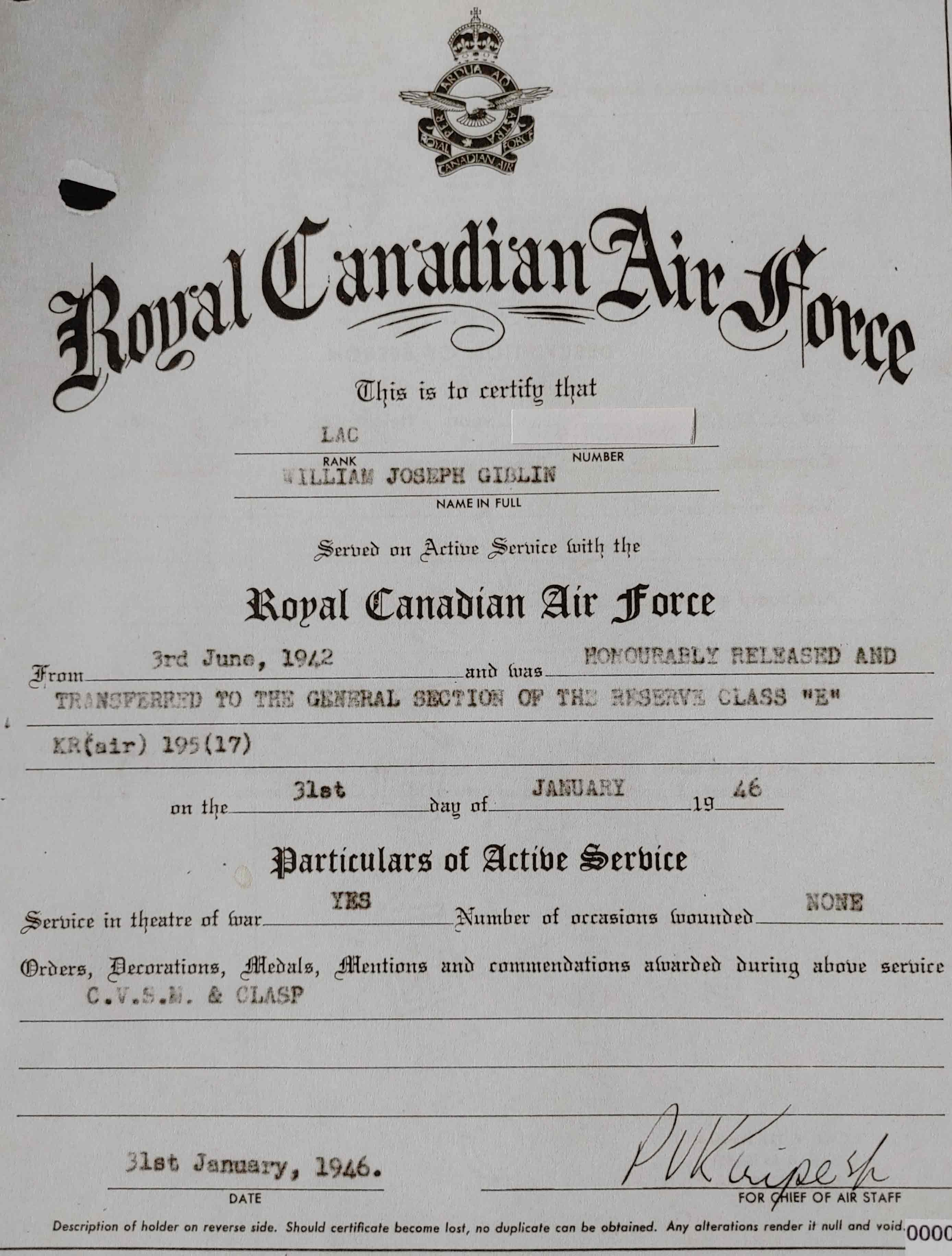 A certification document with the Royal Canadian Air Force name and logo describing the service of William Giblin.