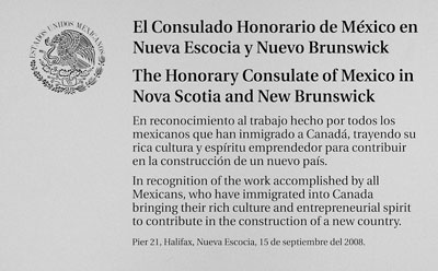 El Consulado Honorario de México en Nueva Escocia y Nuevo Brunswick plaque