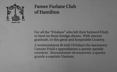 Famee Furlane Club of Hamilton plaque