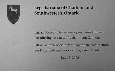 Lega Istriana of Chatham and Southwestern, Ontario plaque
